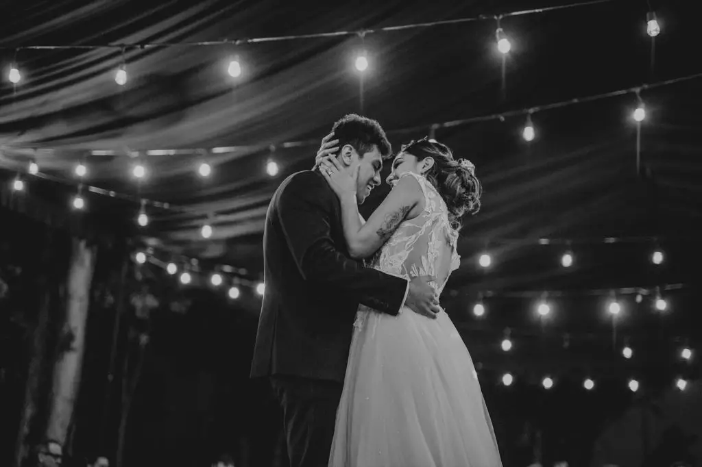 Backyard tent dance floor with string lights in Oakville