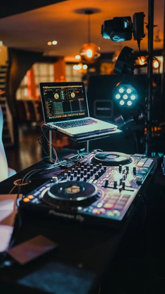 DJ booth with warm uplighting in an Oakville banquet room